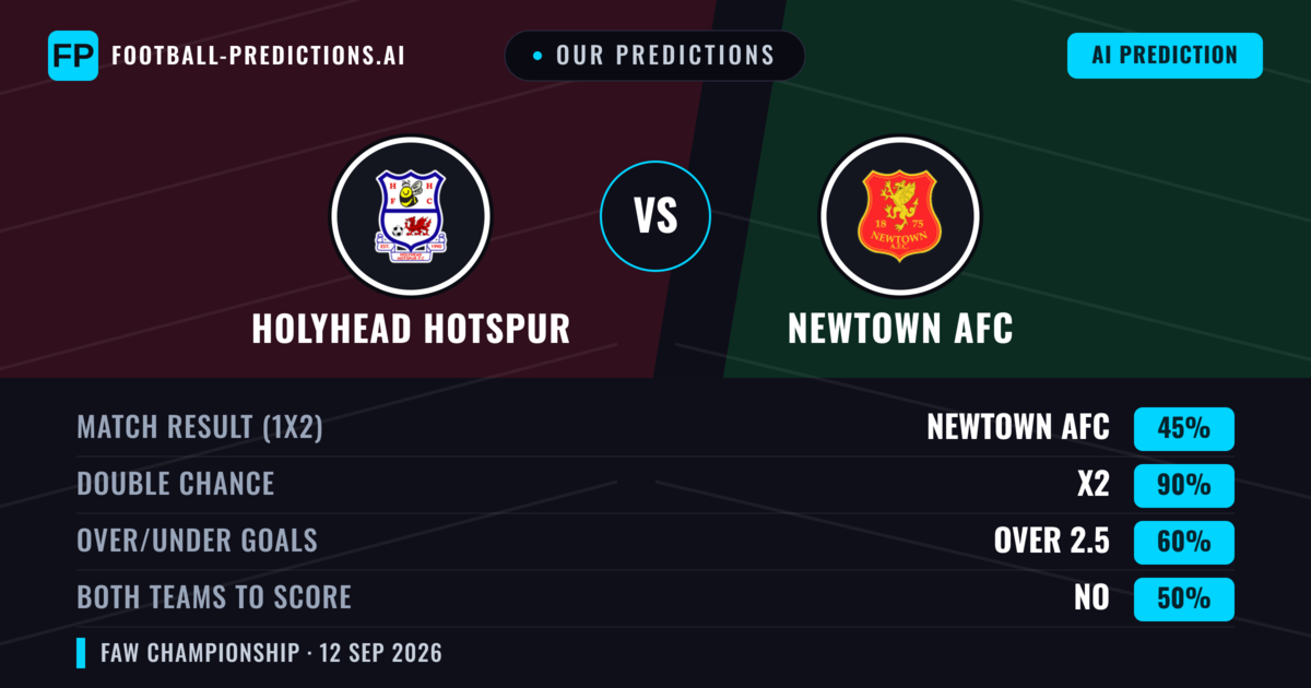 Our Predictions: Holyhead Hotspur vs Newtown AFC — Draw (45%); over 2.5; Both teams to score: No