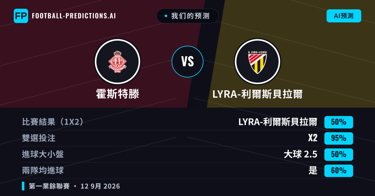 我们的预测: 霍斯特滕 對  LYRA-利爾斯貝拉爾 — 平 (50%); 大球 2.5; 有進球
