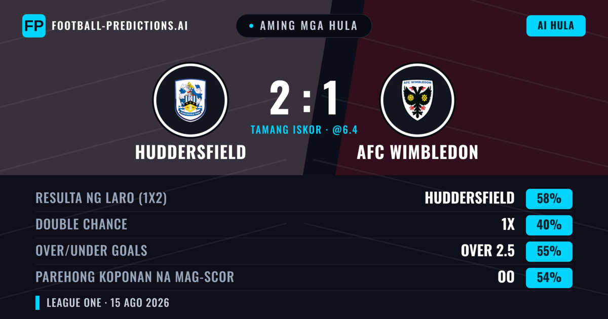 Aming mga hula: Huddersfield vs AFC Wimbledon — Huddersfield — Manalo (59%); Over 2.5; Parehong magbubuo: Oo