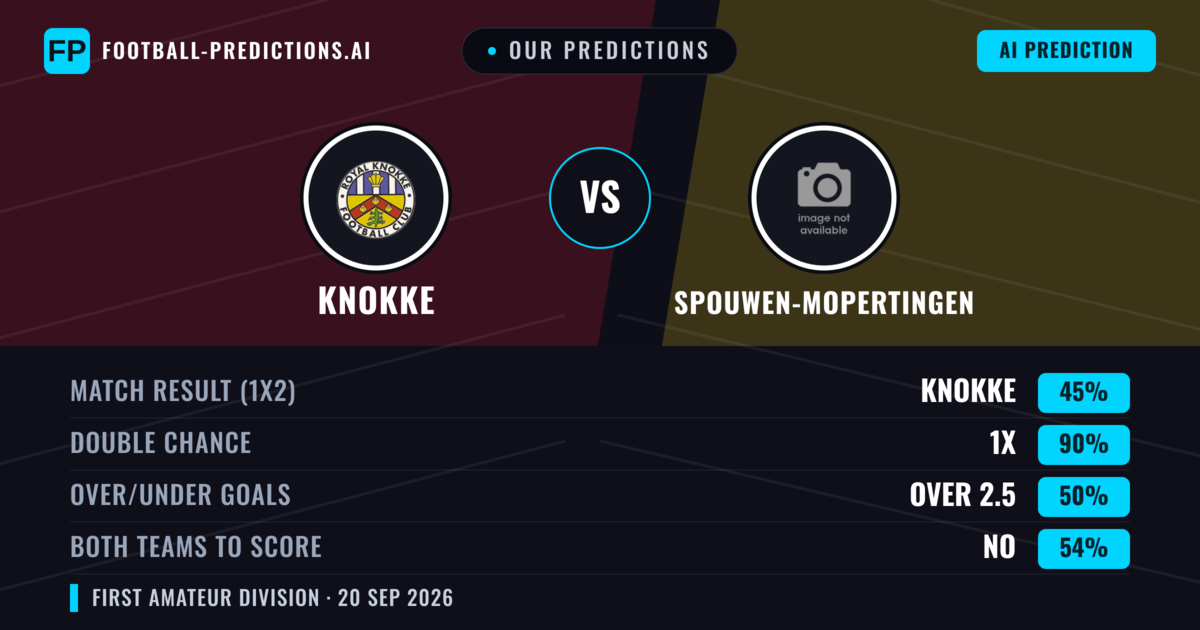 Our Predictions: Knokke vs Spouwen-Mopertingen — Knokke — Win (50%); over 2.5; Both teams to score: Yes