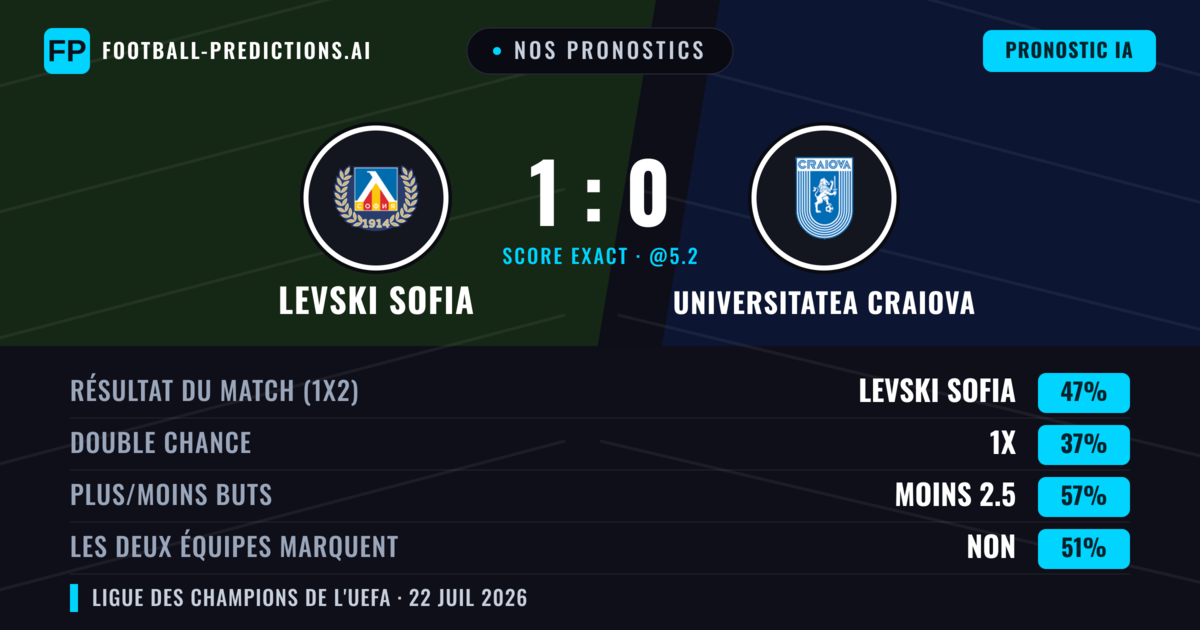 Nos pronostics: Levski Sofia vs Universitatea Craiova — Levski Sofia — Victoire (45%); Moins 2.5; Les deux marquent : Non