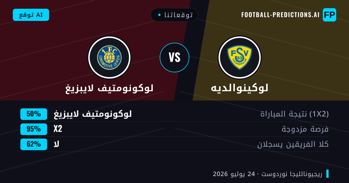 توقعاتنا: لوكينوالديه ضد لوكونومتيف لايبزيغ — تعادل (50%); لا يسجل الطرفان