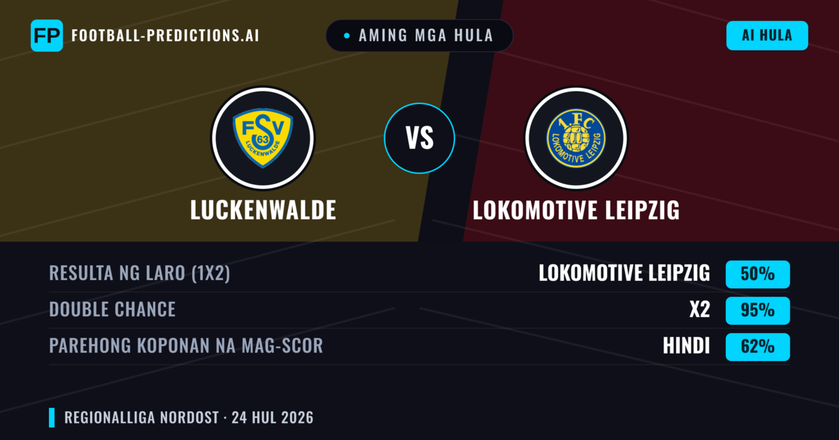 Aming mga hula: Luckenwalde vs Lokomotive Leipzig — Draw (50%); Parehong magbubuo: Hindi