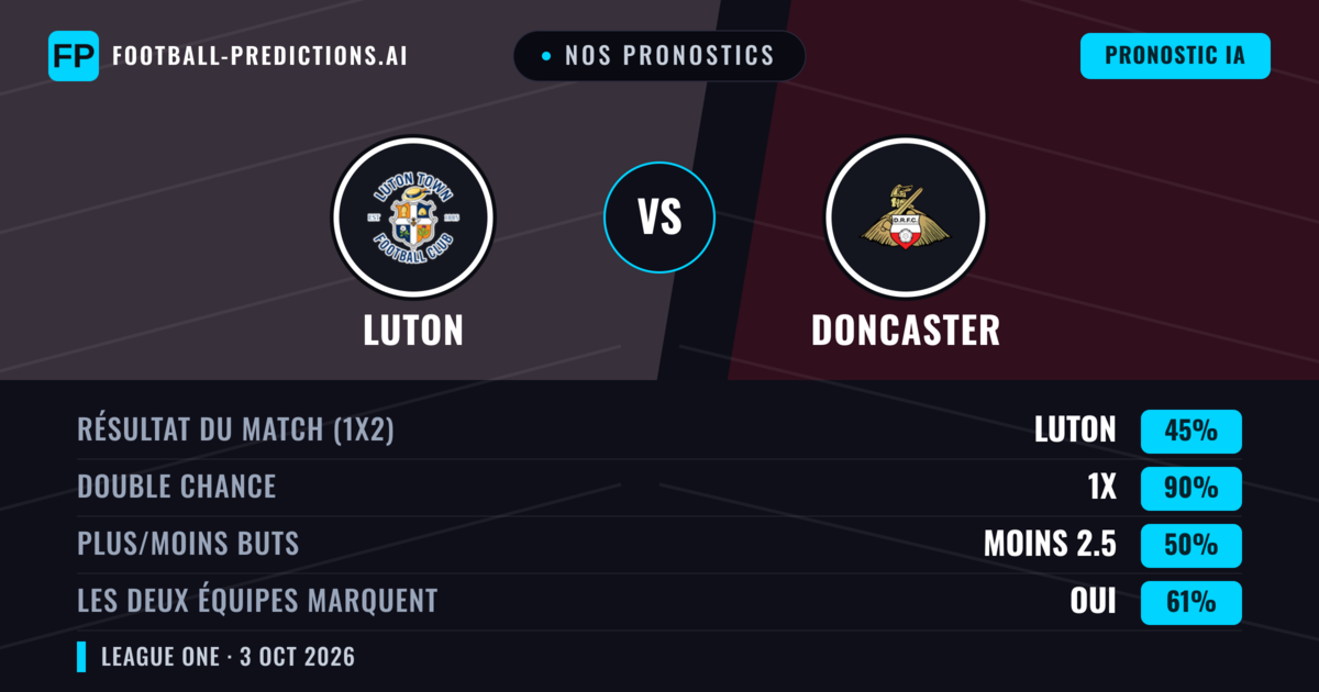 Nos pronostics: Luton vs Doncaster — Nul (45%); Moins 2.5; Les deux marquent : Oui