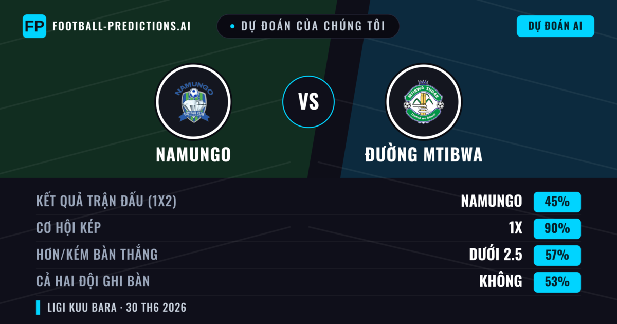 Dự đoán của chúng tôi: Namungo vs Đường Mtibwa — Hòa (45%); Ít hơn 2.5; Cả hai ghi bàn: Không
