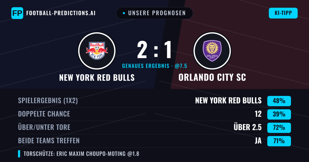 Unsere Prognosen: New York Red Bulls vs Orlando City SC — New York Red Bulls — Sieg (42%); Über 2.5; Beide treffen: Ja