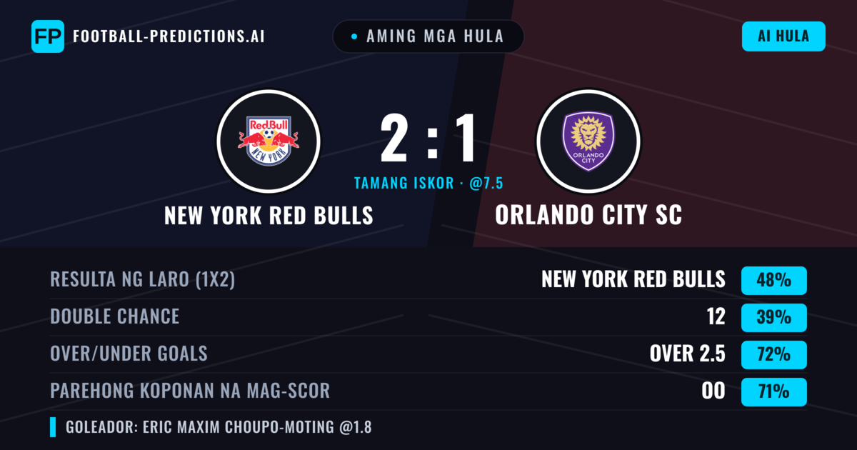 Aming mga hula: New York Red Bulls vs Orlando City SC — New York Red Bulls — Manalo (42%); Over 2.5; Parehong magbubuo: Oo