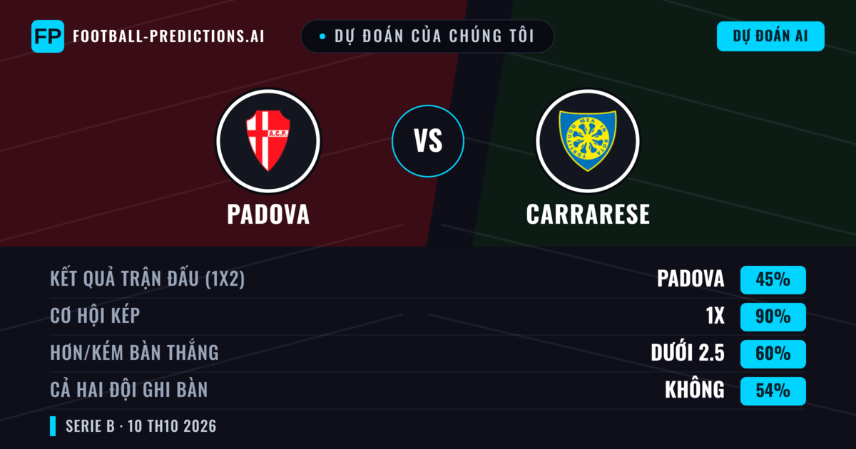 Dự đoán của chúng tôi: Padova vs Carrarese — Hòa (45%); Ít hơn 2.5; Cả hai ghi bàn: Không
