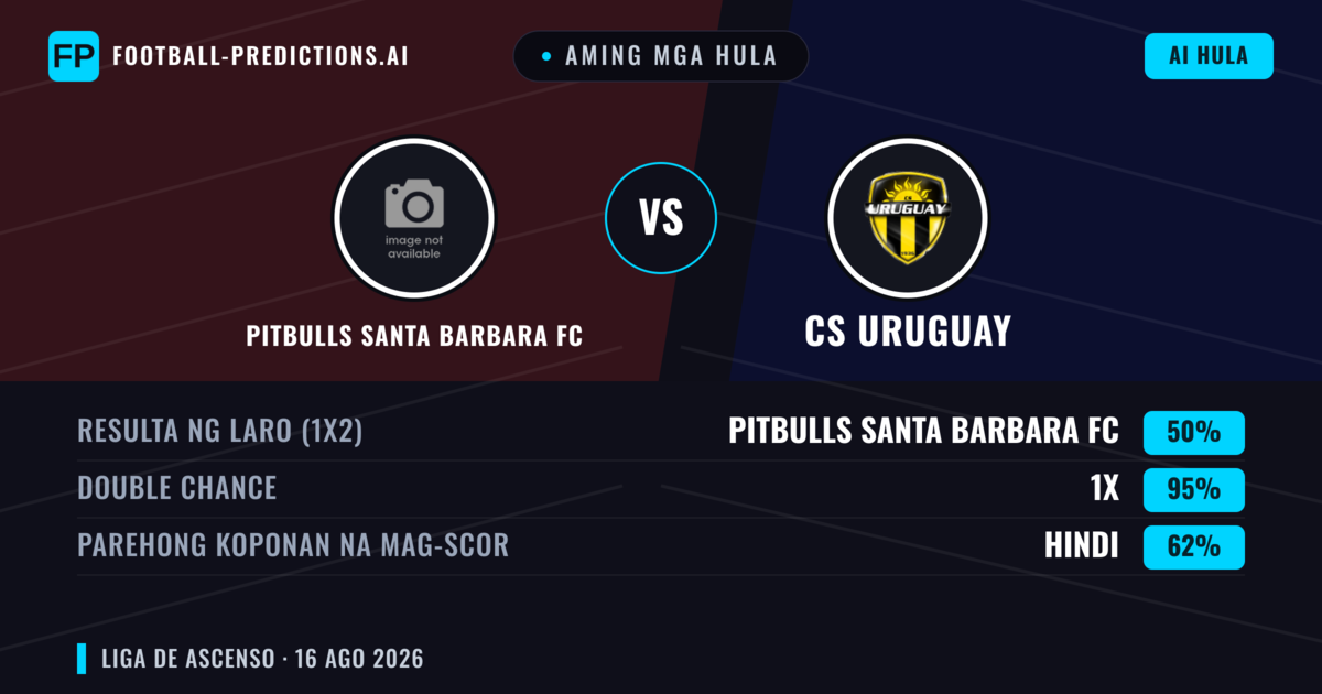 Aming mga hula: Pitbulls Santa Barbara FC vs CS Uruguay — Draw (50%); Parehong magbubuo: Hindi