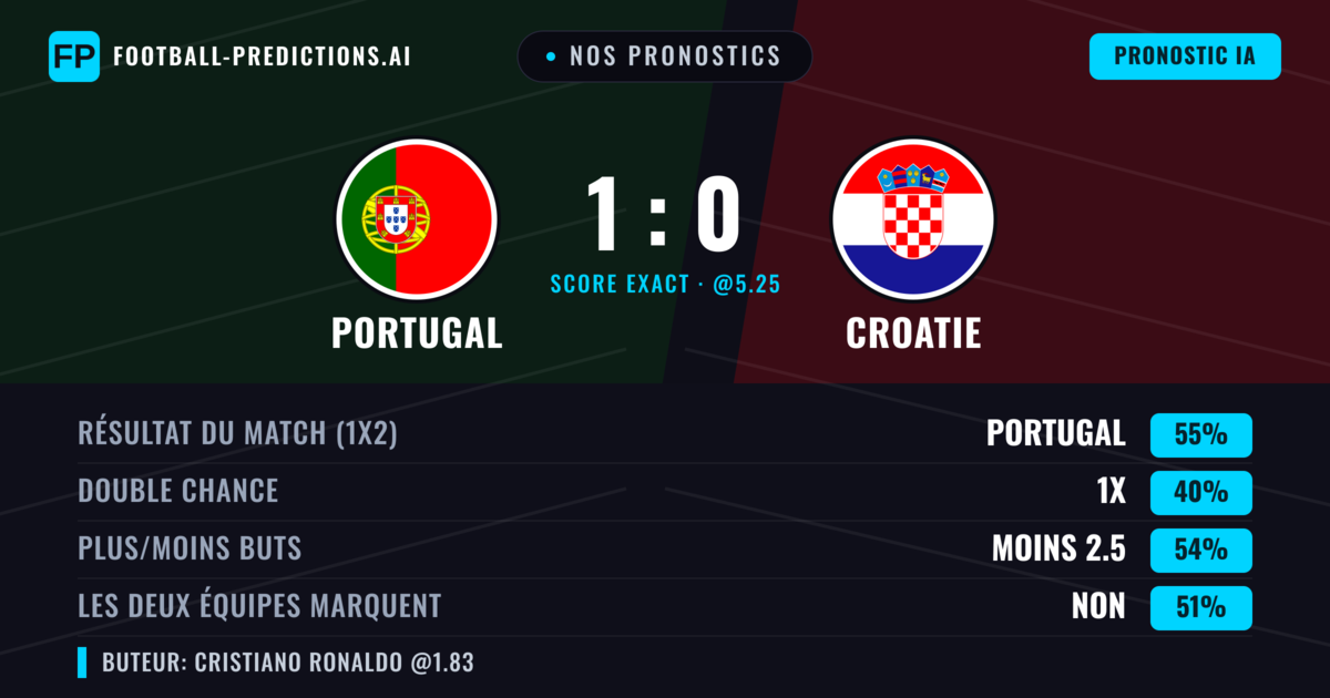 Nos pronostics: Portugal vs Croatie — Portugal — Victoire (53%); Moins 2.5; Les deux marquent : Non