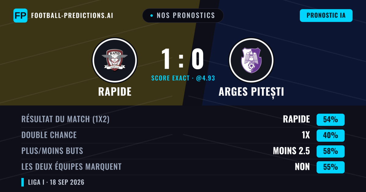 Nos pronostics: Rapide vs Arges Pitești — Rapide — Victoire (53%); Moins 2.5; Les deux marquent : Non