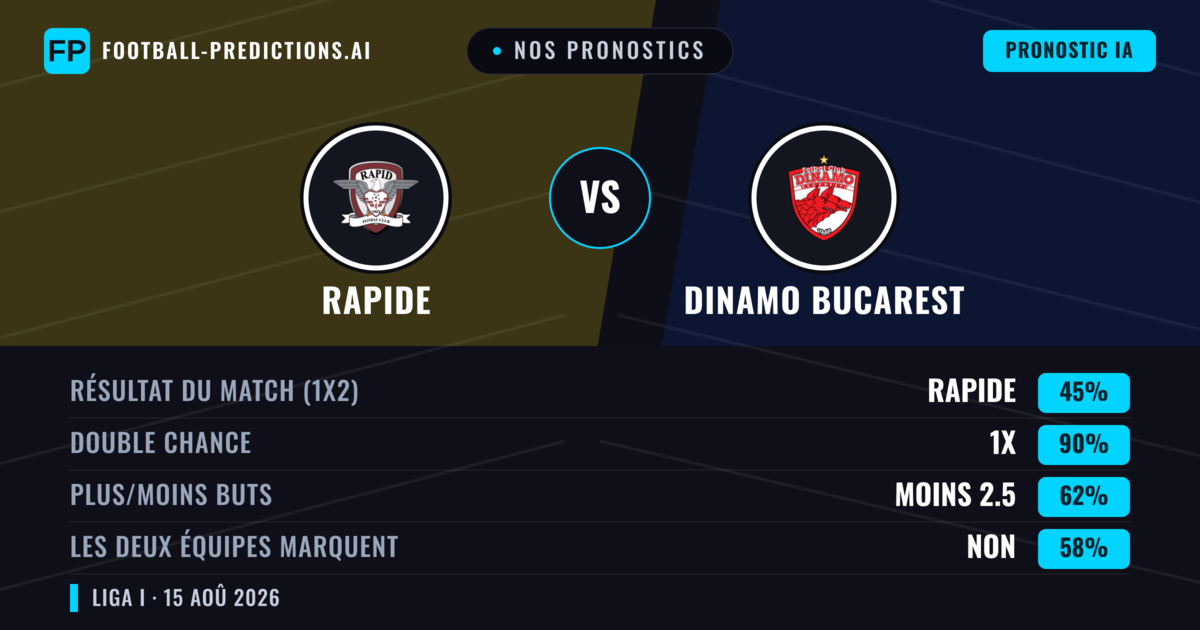 Nos pronostics: Rapide vs Dinamo Bucarest — Rapide — Victoire (40%); Moins 2.5; Les deux marquent : Oui