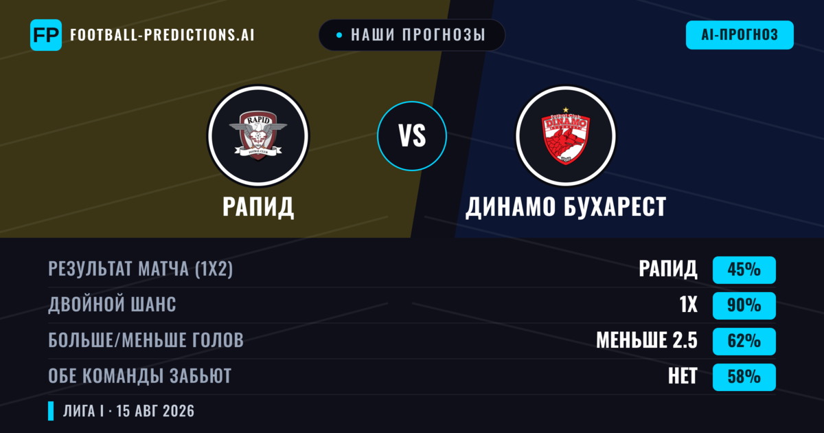 Наши прогнозы: Рапид против Динамо Бухарест — Рапид — Победа (40%); Меньше 2.5; Обе забьют Да