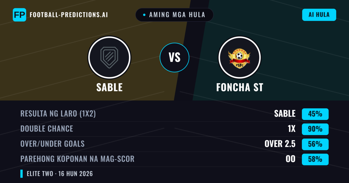 Aming mga hula: Sable vs Foncha ST — Draw (45%); Over 2.5; Parehong magbubuo: Oo