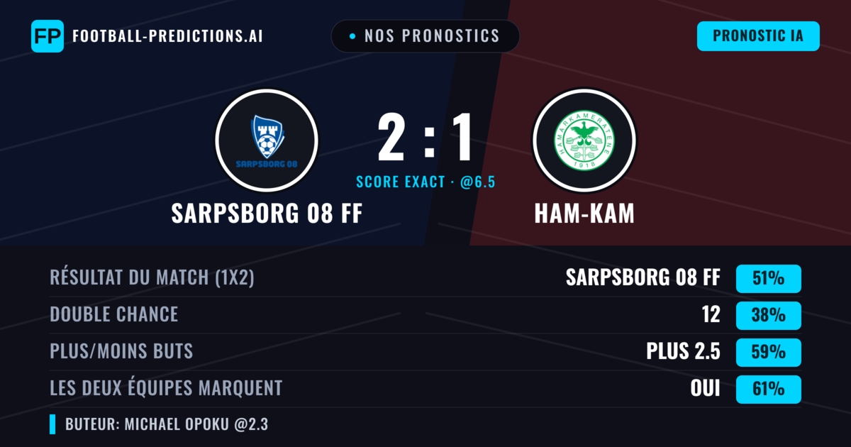 Nos pronostics: Sarpsborg 08 FF vs Ham-Kam — Sarpsborg 08 FF — Victoire (58%); Plus 2.5; Les deux marquent : Oui