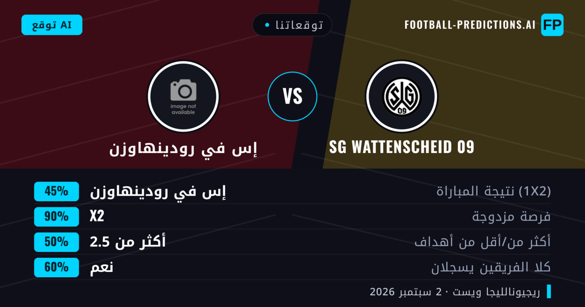 توقعاتنا: SG Wattenscheid 09 ضد إس في رودينهاوزن — تعادل (45%); أكثر من 2.5; هدفين أو أكثر