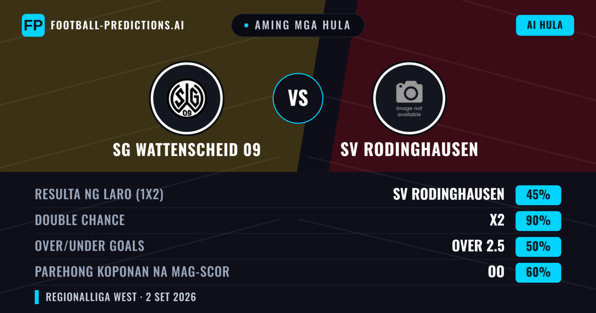 Aming mga hula: SG Wattenscheid 09 vs SV Rodinghausen — Draw (45%); Over 2.5; Parehong magbubuo: Oo