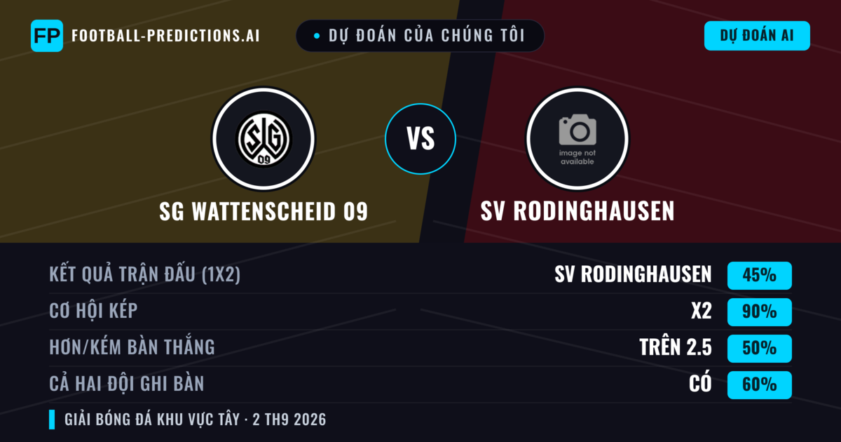 Dự đoán của chúng tôi: SG Wattenscheid 09 vs SV Rodinghausen — Hòa (45%); Hơn 2.5; Cả hai ghi bàn: Có