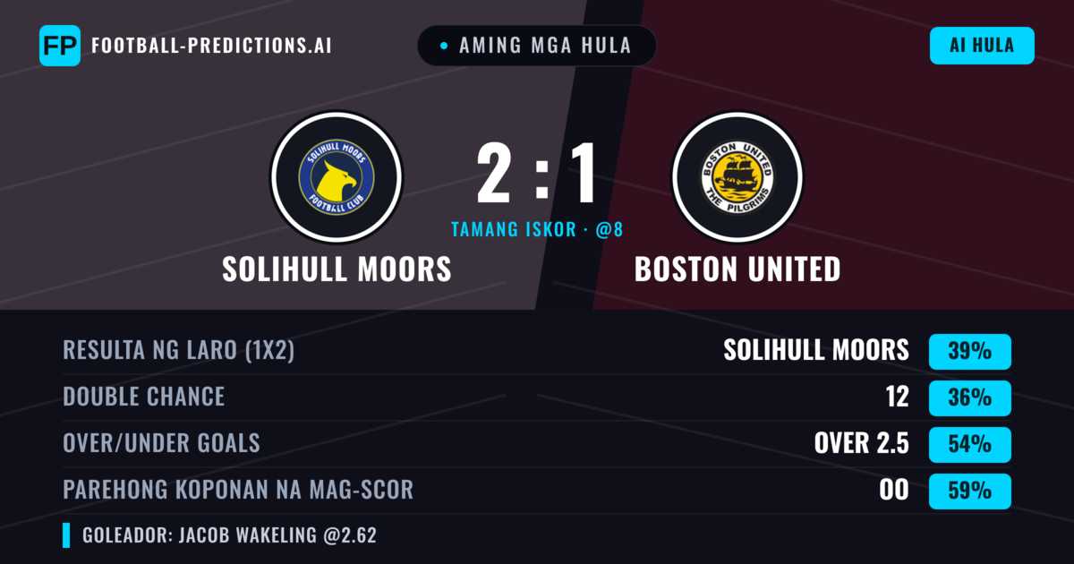 Aming mga hula: Solihull Moors vs Boston United — Solihull Moors — Manalo (40%); Over 2.5; Parehong magbubuo: Oo