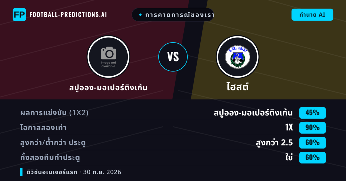 การคาดการณ์ของเรา: สปูออง-มอเปอร์ติงเก้น vs ไฮสต์ — ไฮสต์ — ชนะ (38%); เกิน 2.5; ทั้งสองทีมทำประตู: ใช่