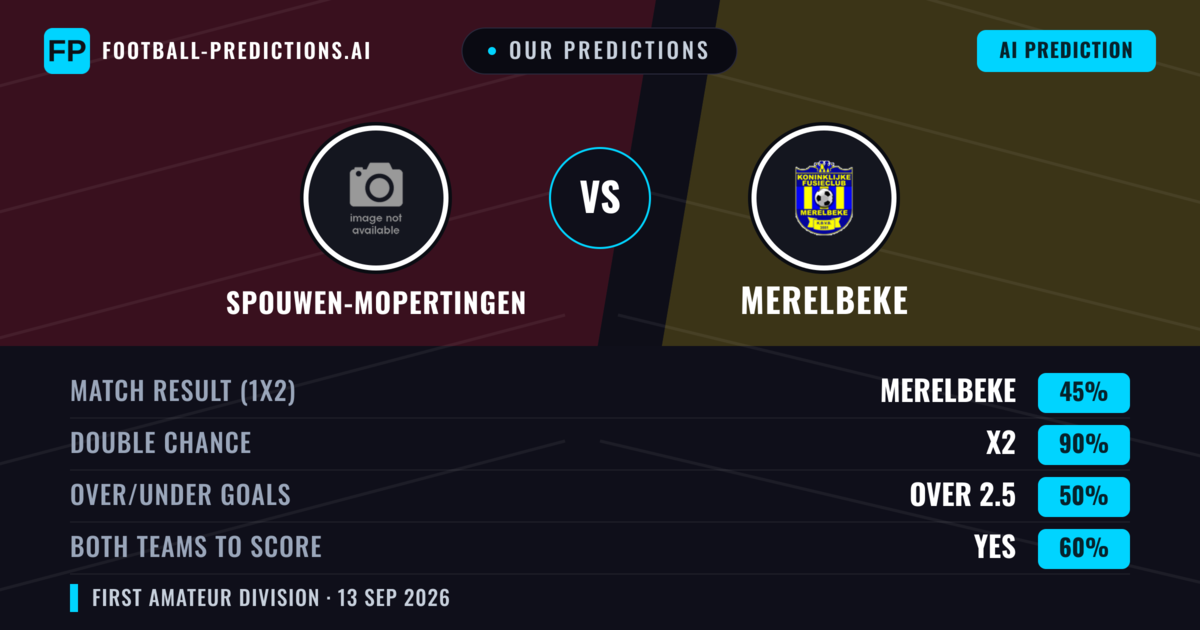 Our Predictions: Spouwen-Mopertingen vs Merelbeke — Draw (45%); over 2.5; Both teams to score: Yes