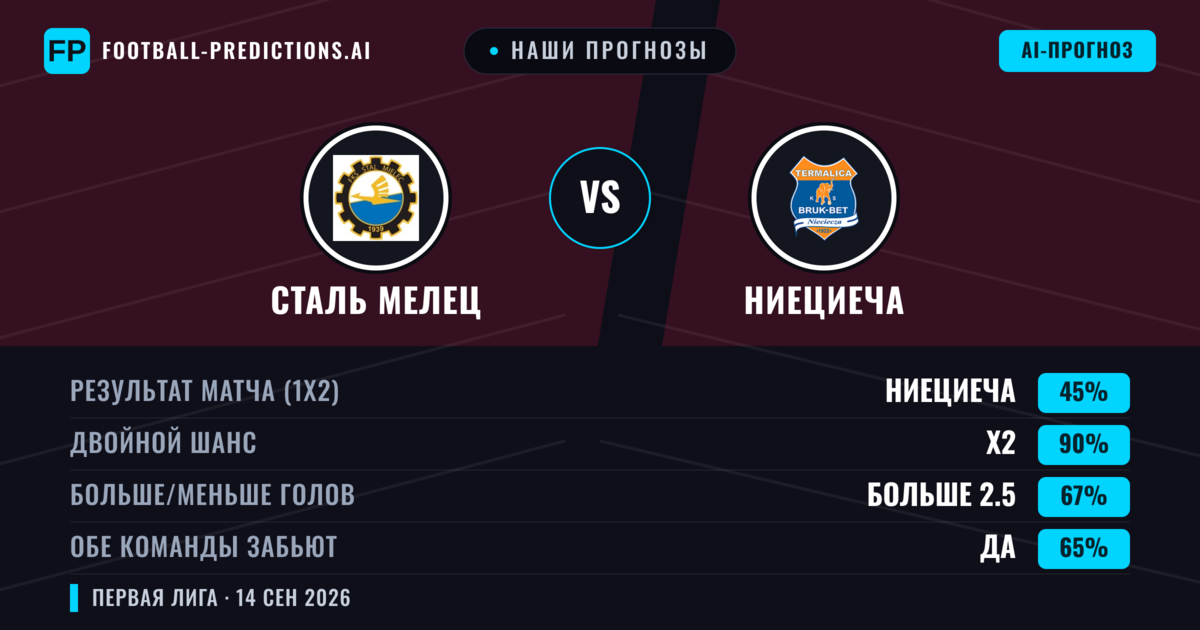 Наши прогнозы: Сталь Мелец против Ниециеча — Ничья (45%); Больше 2.5; Обе забьют Да