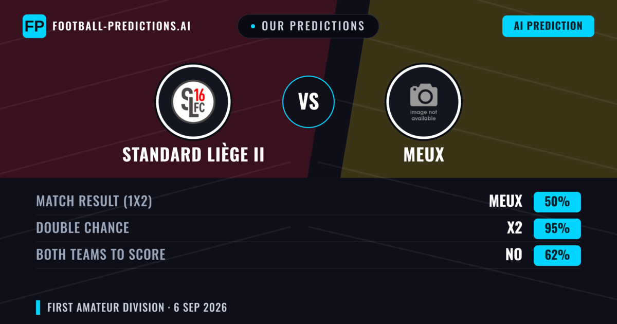 Our Predictions: Standard Liège II vs Meux — Draw (50%); Both teams to score: No