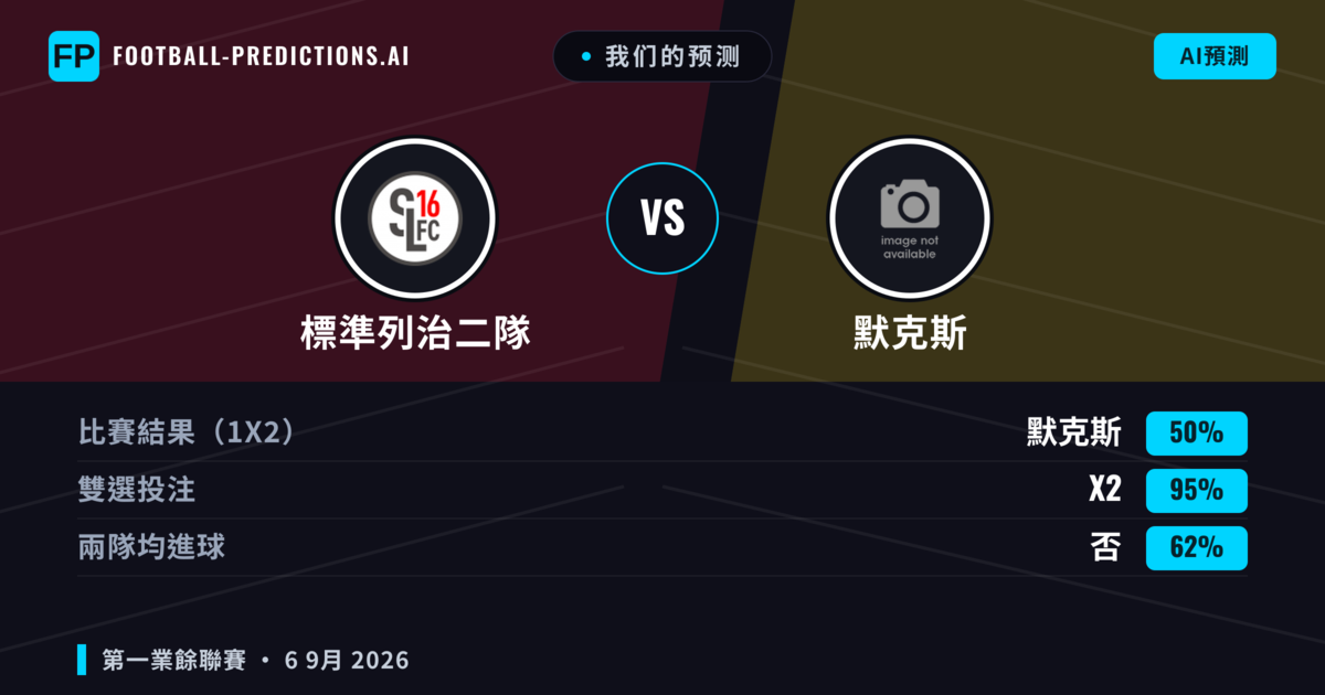 我们的预测: 標準列治二隊 對 默克斯 — 平 (50%); 無進球