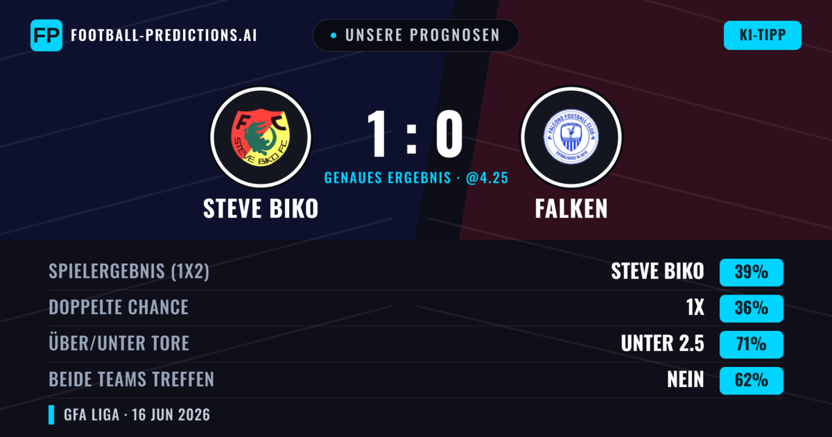 Unsere Prognosen: Steve Biko vs Falken — Steve Biko — Sieg (39%); Unter 2.5; Beide treffen: Nein