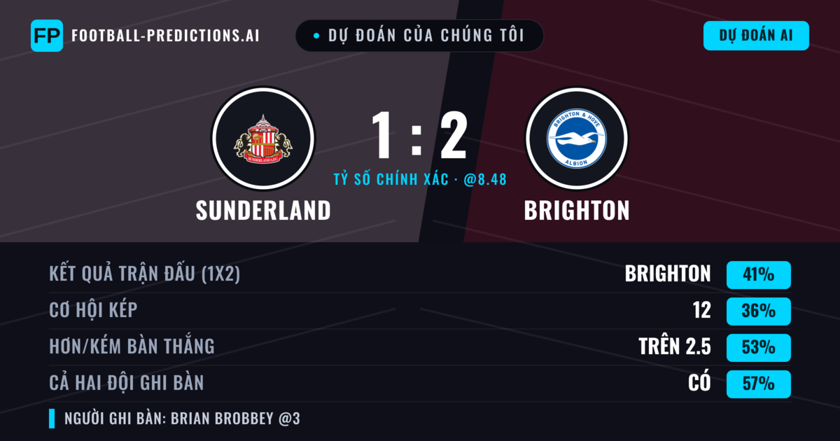 Dự đoán của chúng tôi: Sunderland vs Brighton — Brighton — Thắng (41%); Hơn 2.5; Cả hai ghi bàn: Có