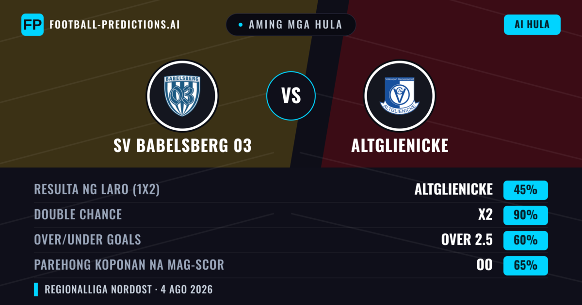 Aming mga hula: SV Babelsberg 03 vs Altglienicke — Draw (45%); Over 2.5; Parehong magbubuo: Oo