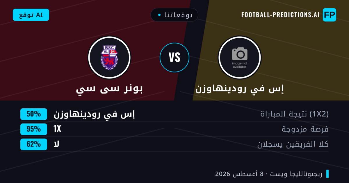 توقعاتنا: إس في رودينهاوزن ضد بونر سى سي — إس في رودينهاوزن — فوز (42%); أكثر من 2.5; هدفين أو أكثر