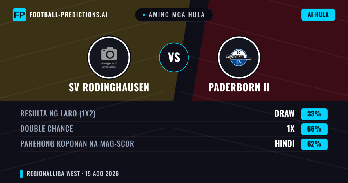 Aming mga hula: SV Rodinghausen vs Paderborn II — SV Rodinghausen — Manalo (41%); Over 2.5; Parehong magbubuo: Oo