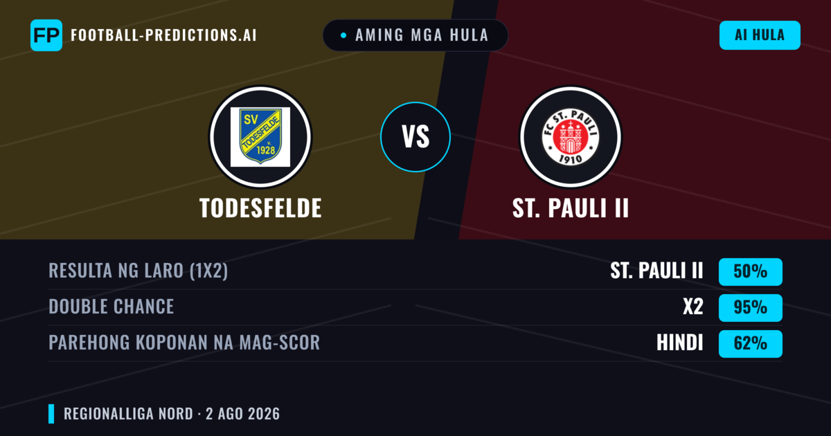 Aming mga hula: Todesfelde vs St. Pauli II — Draw (50%); Parehong magbubuo: Hindi