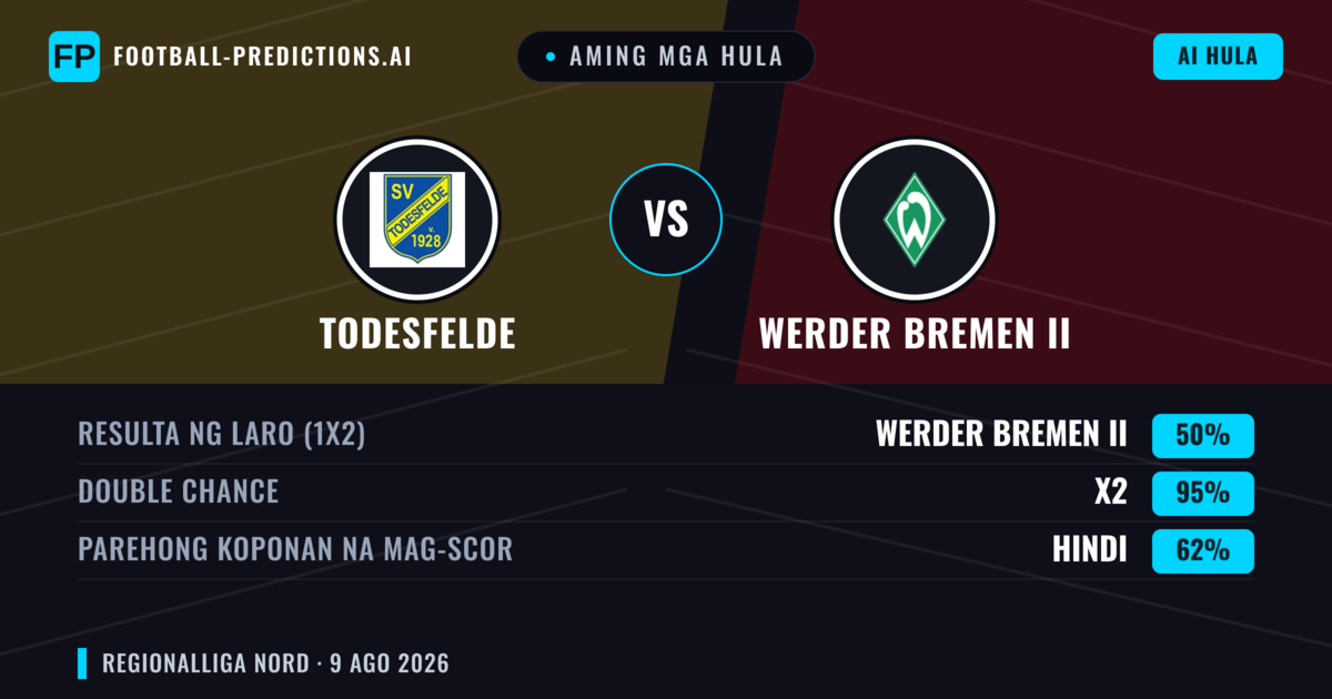 Aming mga hula: Todesfelde vs Werder Bremen II — Draw (50%); Parehong magbubuo: Hindi