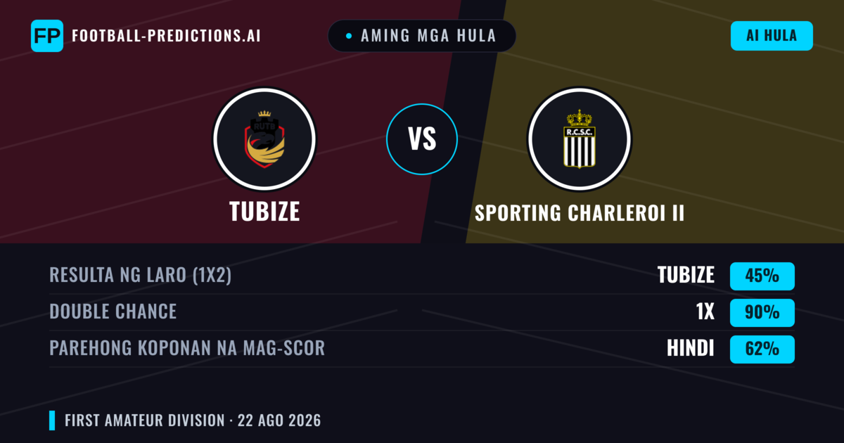 Aming mga hula: Tubize vs Sporting Charleroi II — Draw (45%); Parehong magbubuo: Hindi