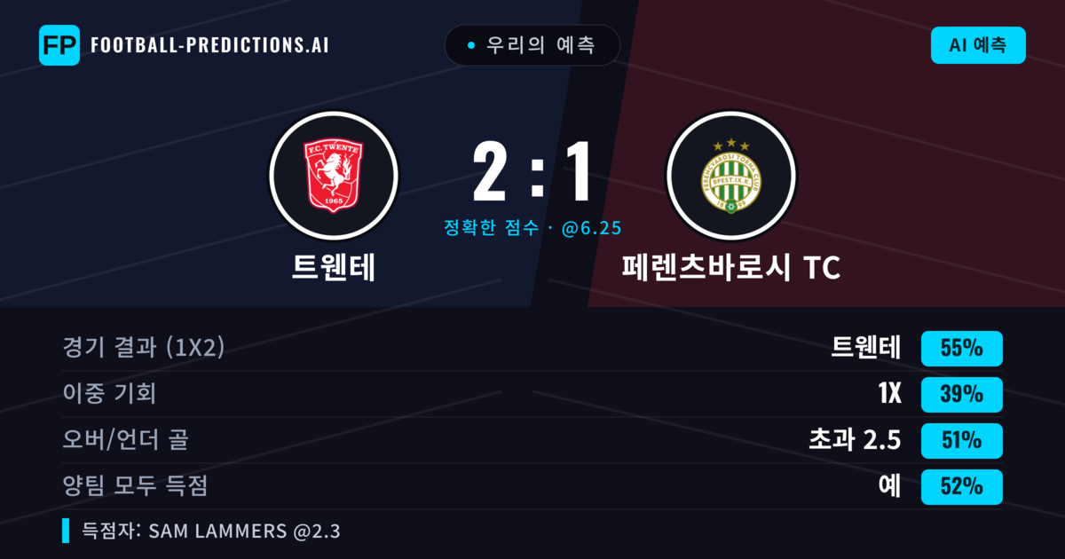 우리의 예측: 트웬테 vs 페렌츠바로시 TC — 트웬테 — 승리 (61%); 초과 2.5; 양팀 모두 득점: 예