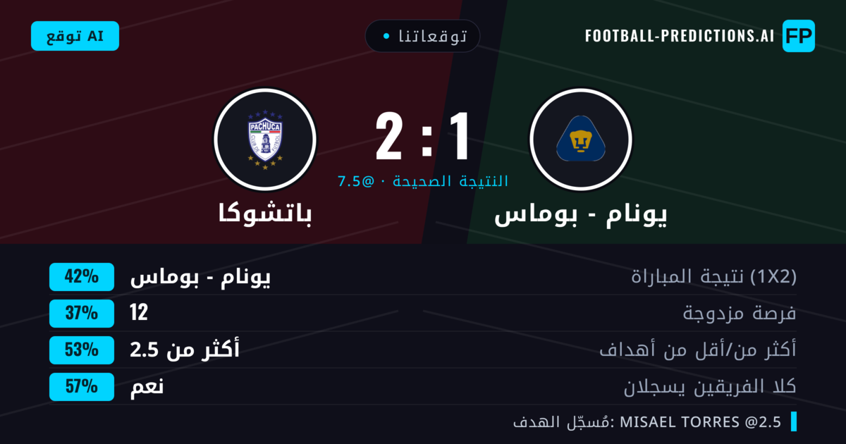 توقعاتنا: يونام - بوماس ضد باتشوكا — يونام - بوماس — فوز (41%); أكثر من 2.5; هدفين أو أكثر