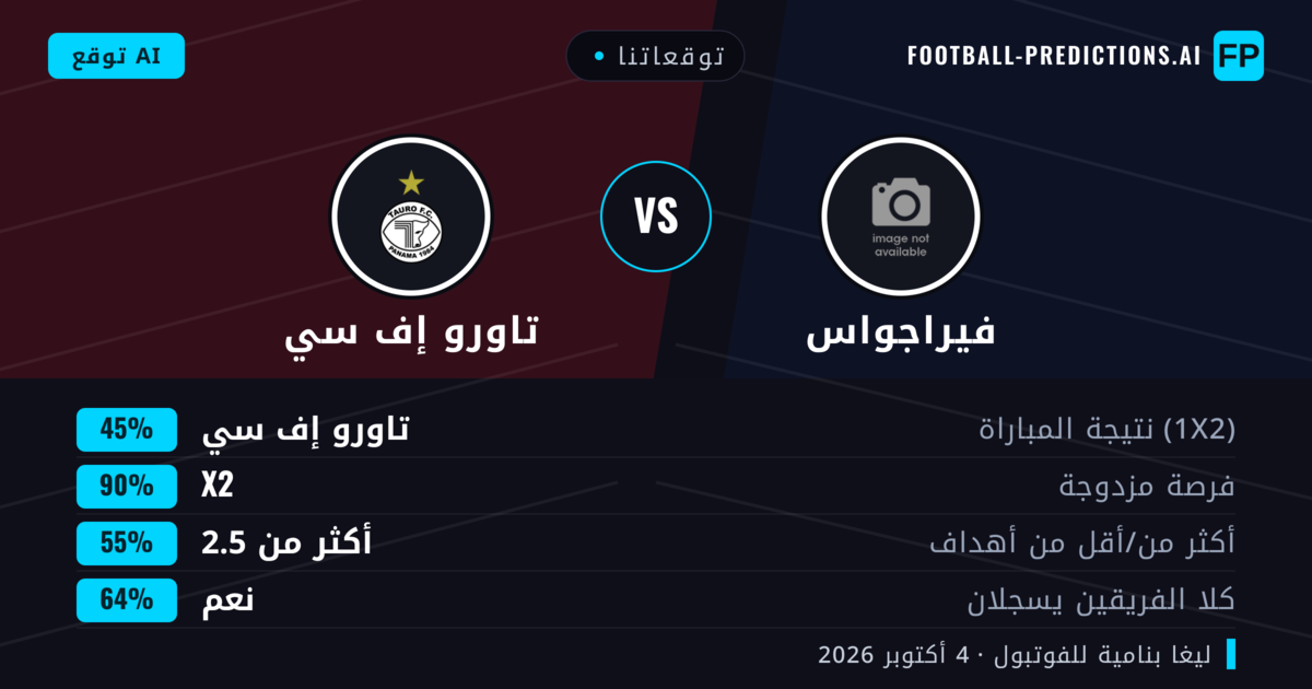 توقعاتنا: فيراجواس ضد تاورو إف سي — تعادل (45%); أكثر من 2.5; هدفين أو أكثر