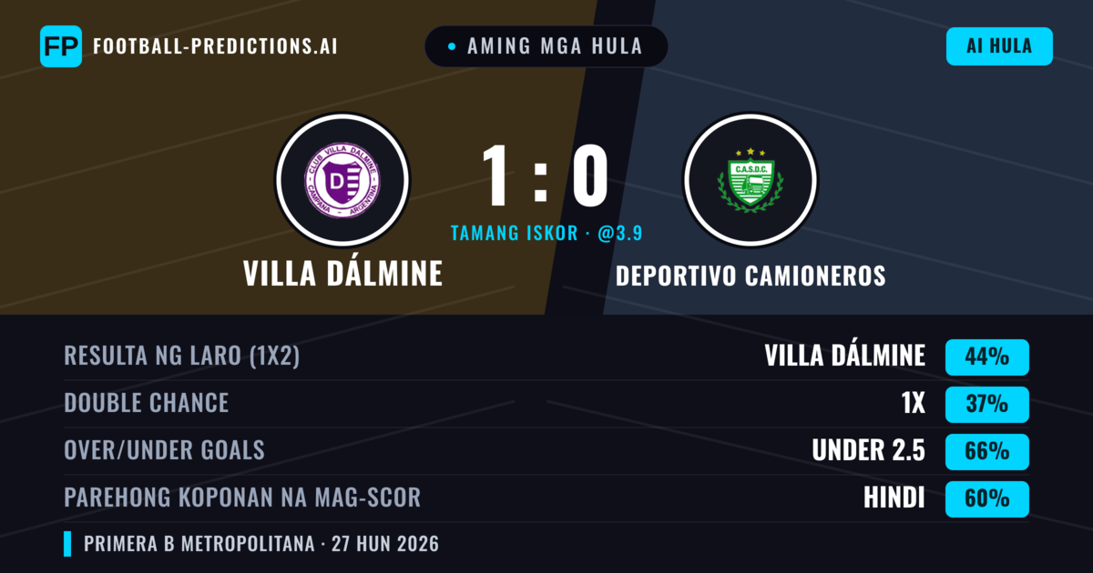 Aming mga hula: Villa Dálmine vs Deportivo Camioneros — Villa Dálmine — Manalo (49%); Under 2.5; Parehong magbubuo: Hindi
