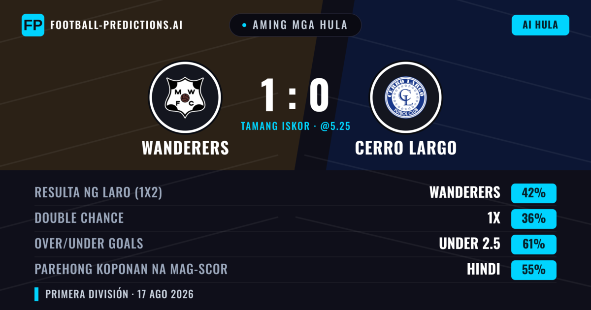 Aming mga hula: Wanderers vs Cerro Largo — Wanderers — Manalo (41%); Under 2.5; Parehong magbubuo: Hindi