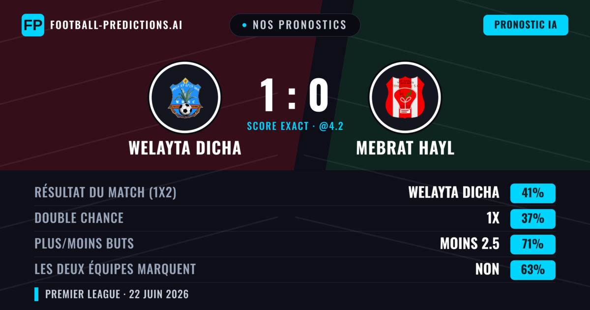 Nos pronostics: Welayta Dicha vs Mebrat Hayl — Welayta Dicha — Victoire (41%); Moins 2.5; Les deux marquent : Non