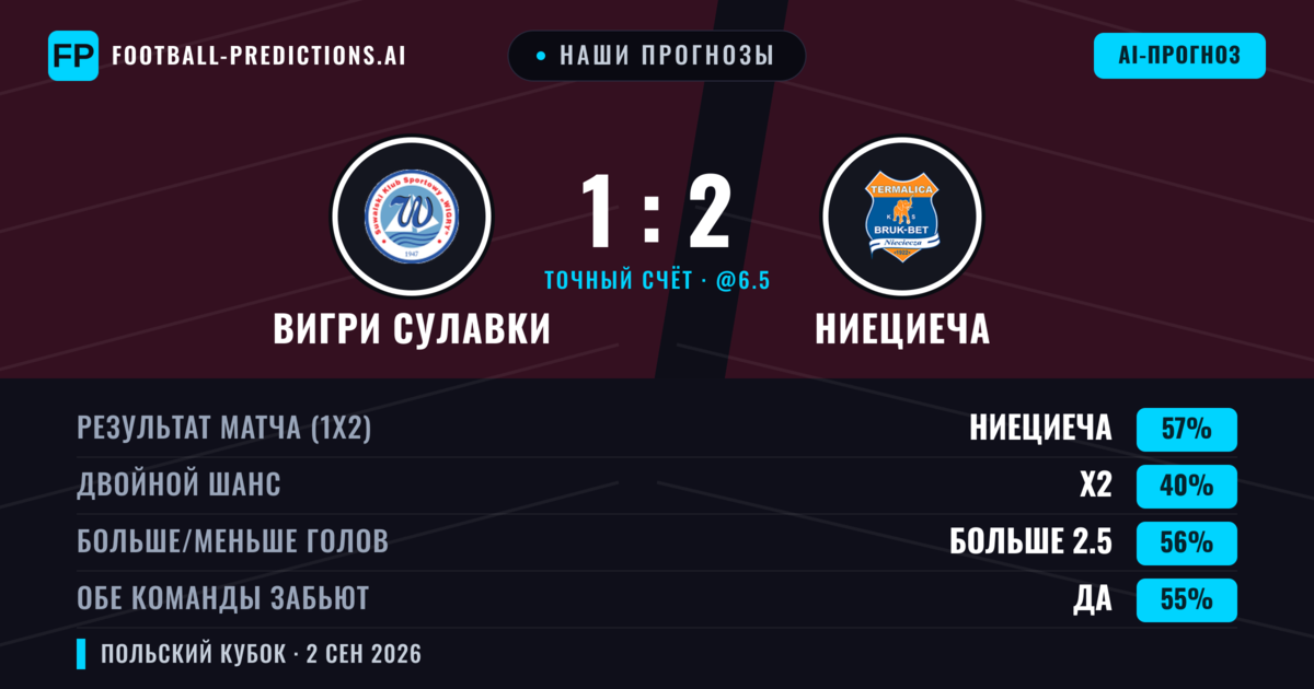 Наши прогнозы: Вигри Сулавки против Ниециеча — Ниециеча — Победа (49%); Больше 2.5; Обе забьют Да