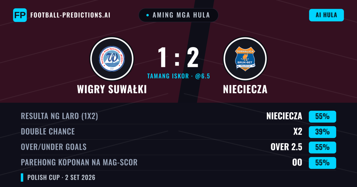 Aming mga hula: Wigry Suwałki vs Nieciecza — Nieciecza — Manalo (49%); Over 2.5; Parehong magbubuo: Oo
