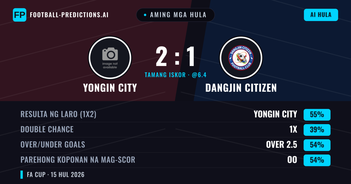 Aming mga hula: Yongin City vs Dangjin Citizen — Yongin City — Manalo (55%); Over 2.5; Parehong magbubuo: Oo